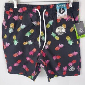 NWT 360 Surf Men's Beach Shorts Black w/ Pineapples Recycled Poly